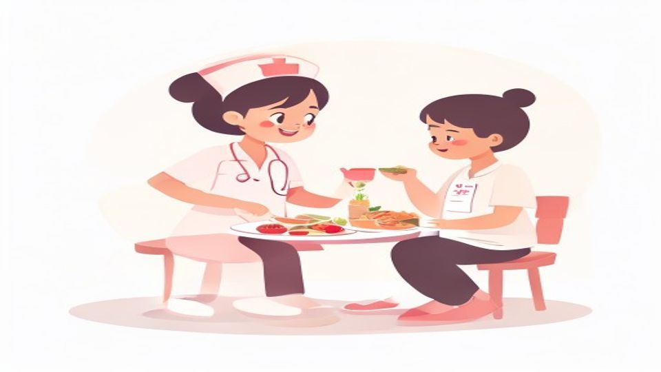 食品交換表を使って患者に食事指導をする看護師のイメージ