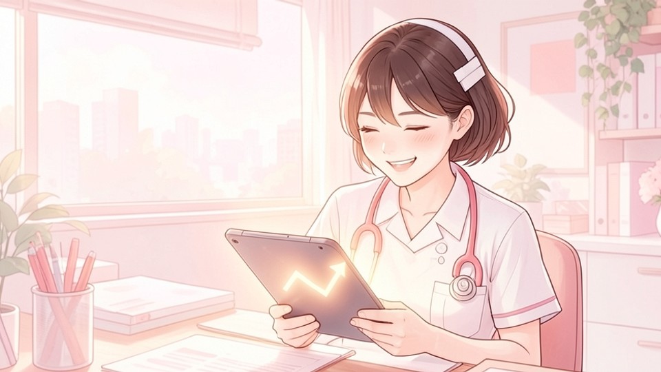 上昇する求人倍率のグラフを見て安心する看護師のイメージ