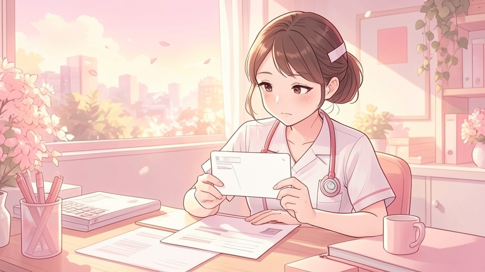 令和6年3月時点の給与明細と現在の給与明細を見比べる看護師のイメージ
